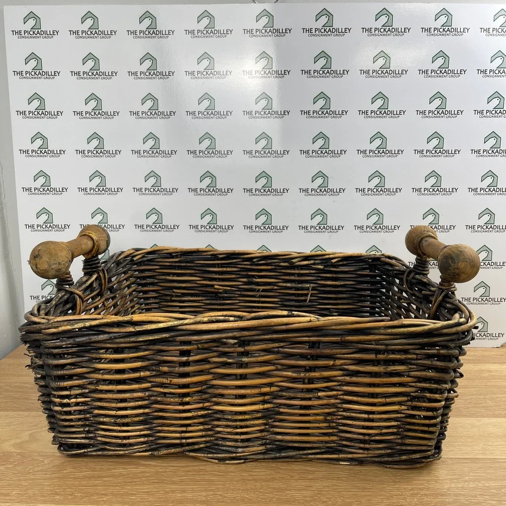 Large Rustic Hand Woven Rattan Storage Basket with Turned Wood Handles Brown